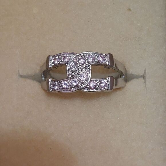 Interlocking C Paved with Pink Rhinestone Crystal Silver Tone Ring Size 6 - Picture 3 of 6